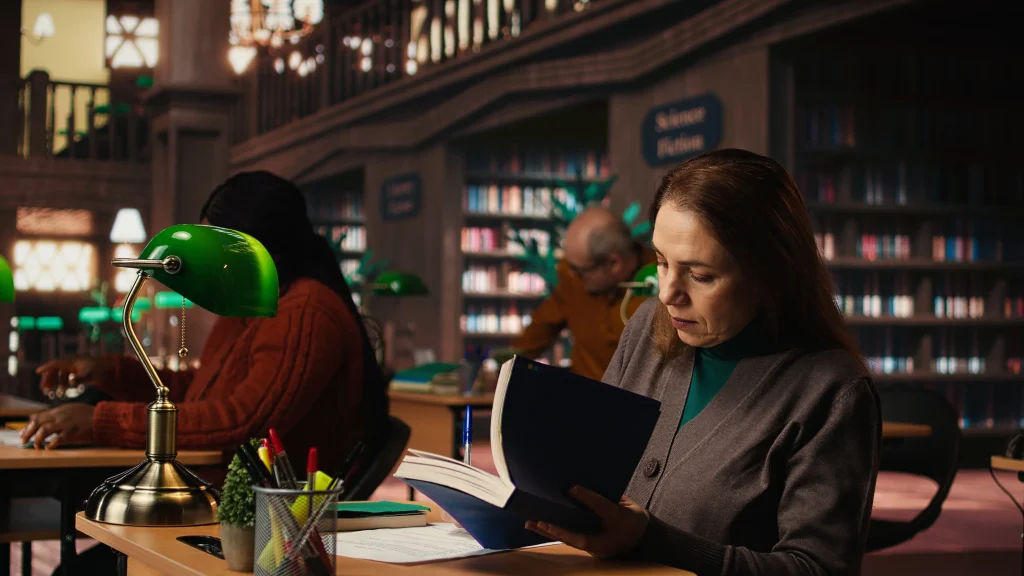 mature-woman-reading-writing-university